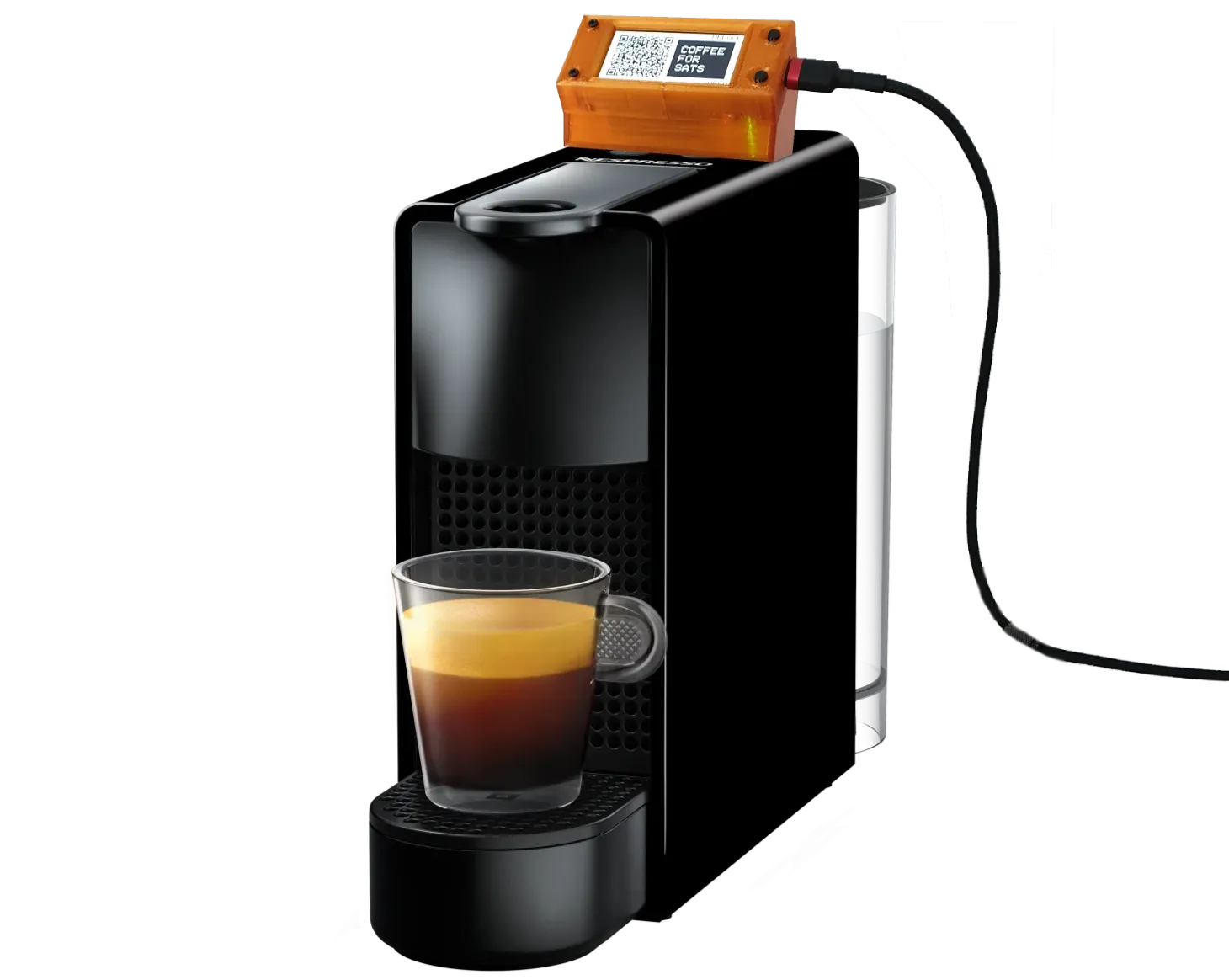 Nespresso Essenza Mini con el módulo naranja de Satoffee encima mostrando un QR