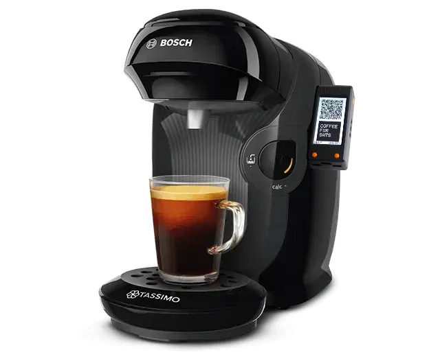 Cafetera Bosch Tassimo con la pantalla de Satoffee mostrando un QR de pago